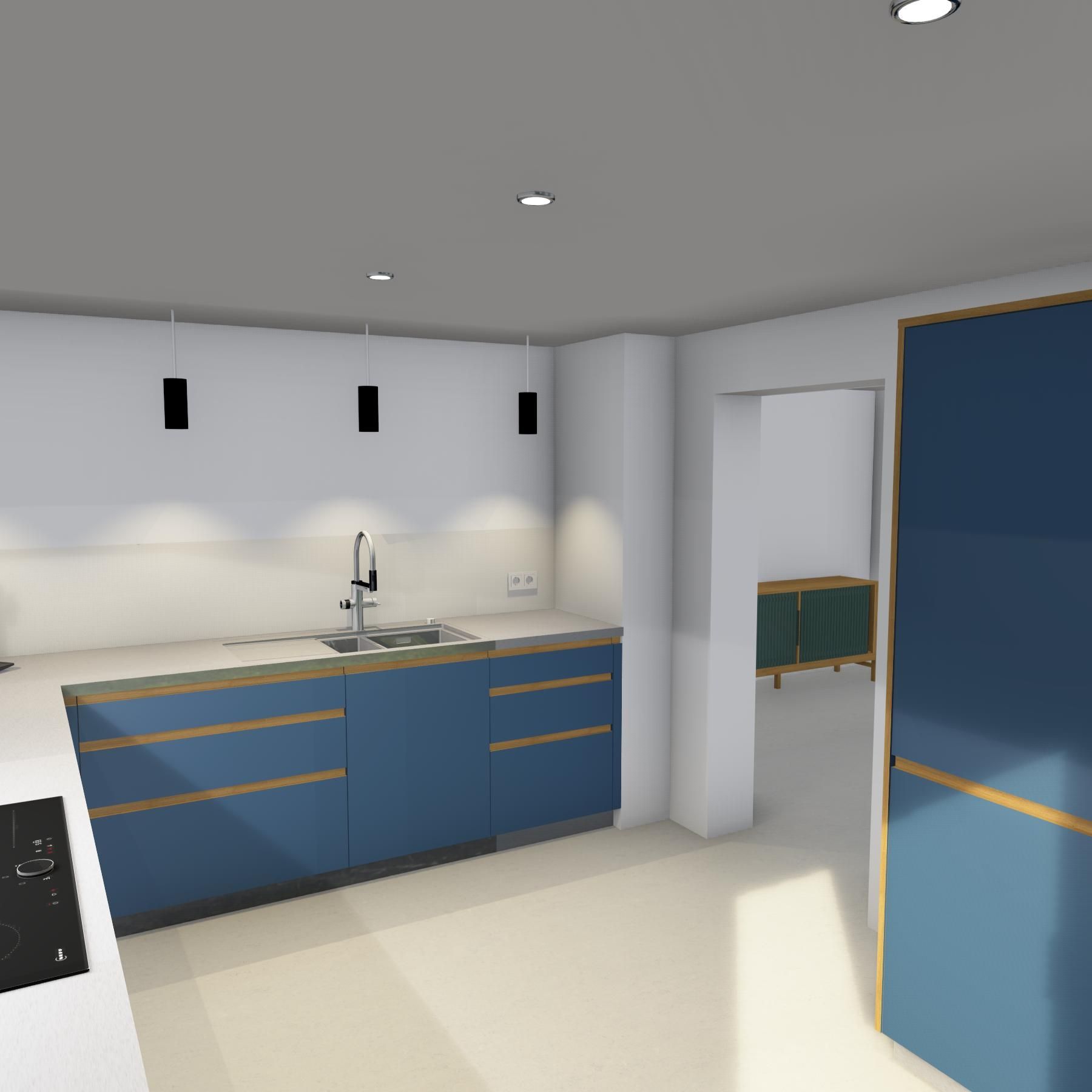 Moderne Küche mit blauen Schränken mit goldenen Akzenten, einer eleganten Spüle und zeitgenössischer Beleuchtung. Helles und minimalistisches Design.
